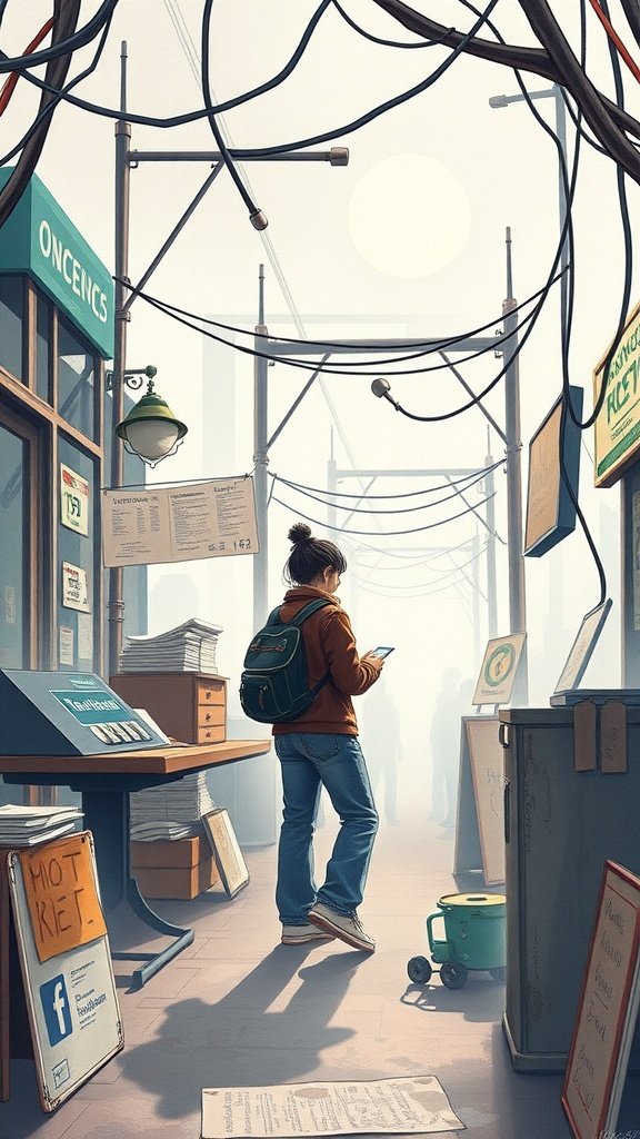 A person standing in a cluttered environment filled with signs and wires, symbolizing the chaos of focusing too much on monetization in blogging.