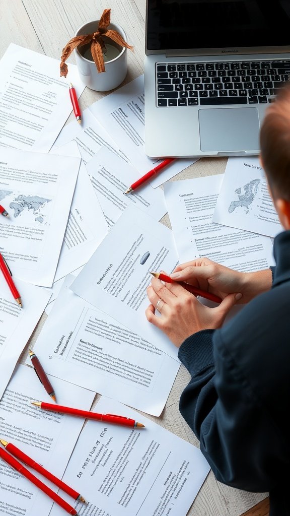 A cozy workspace featuring a laptop surrounded by printed documents and pens, depicting the editing process.