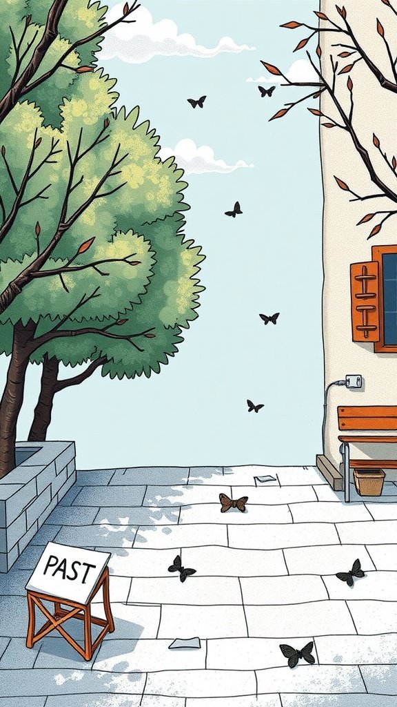 An illustration of a courtyard with trees and a sign that reads 'PAST'. Butterflies are scattered around, symbolizing change and the passage of time.