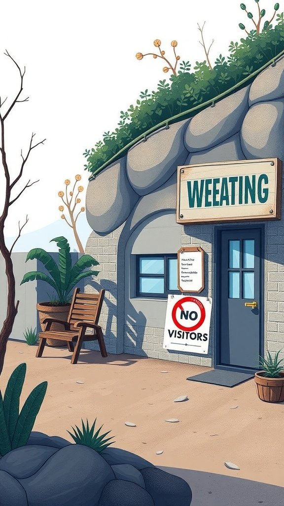 A cozy workshop with a sign that says 'Weeating' and a 'No Visitors' sign, symbolizing the importance of promoting content.