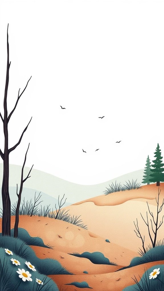 An illustrated landscape with dry earth, sparse plants, and birds in the sky, symbolizing a lack of direction.