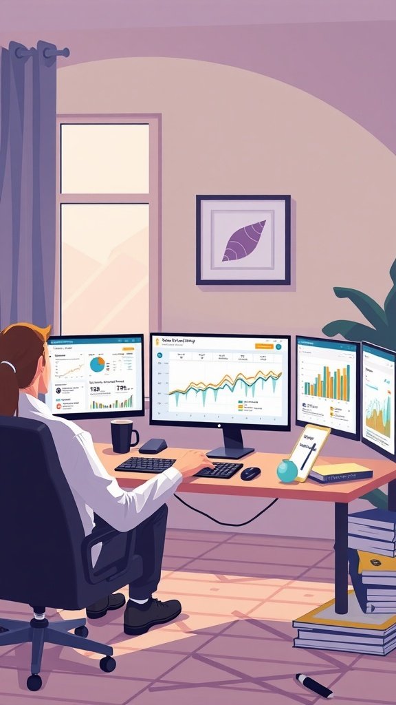 A person working at a desk with multiple monitors displaying social media analytics and graphs.