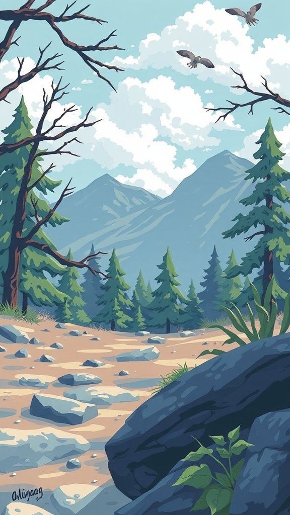 A tranquil landscape featuring mountains, trees, and a clear sky.