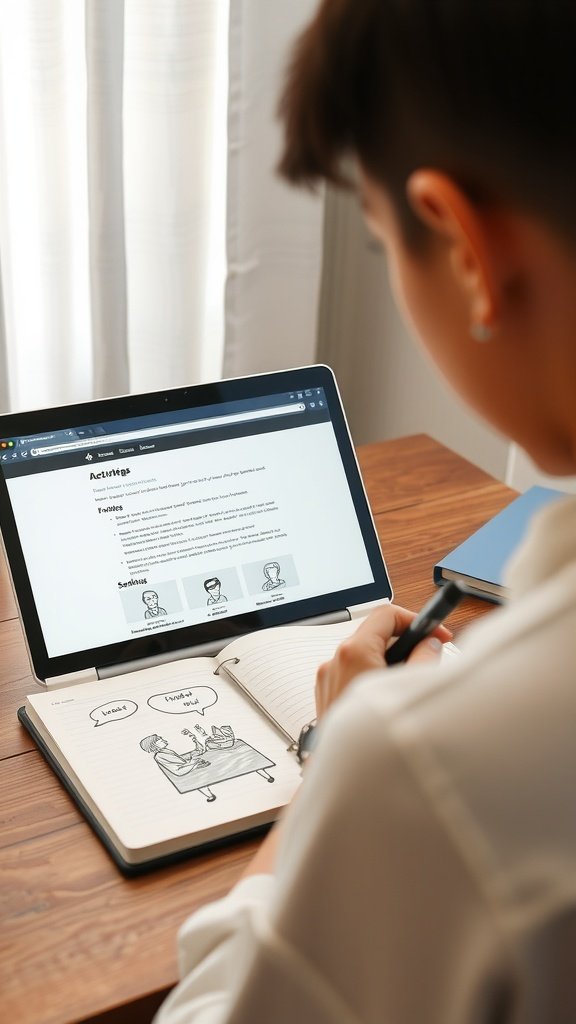 A person working on website testing and user experience research, taking notes in a notebook while looking at a laptop screen.