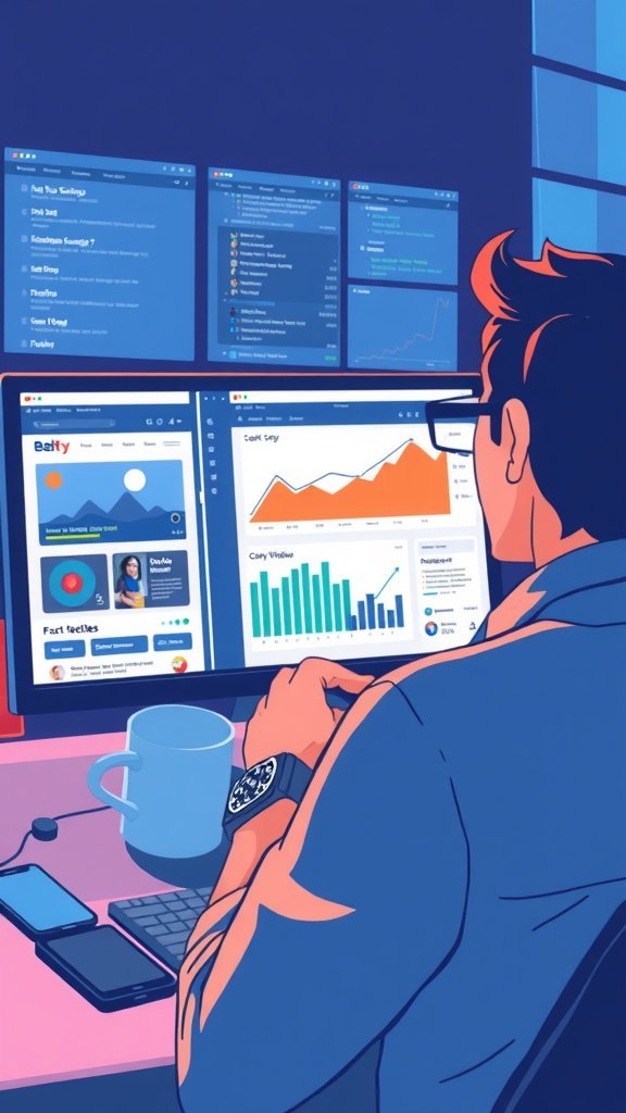 A person analyzing data on multiple screens with graphs and metrics in an office setting.