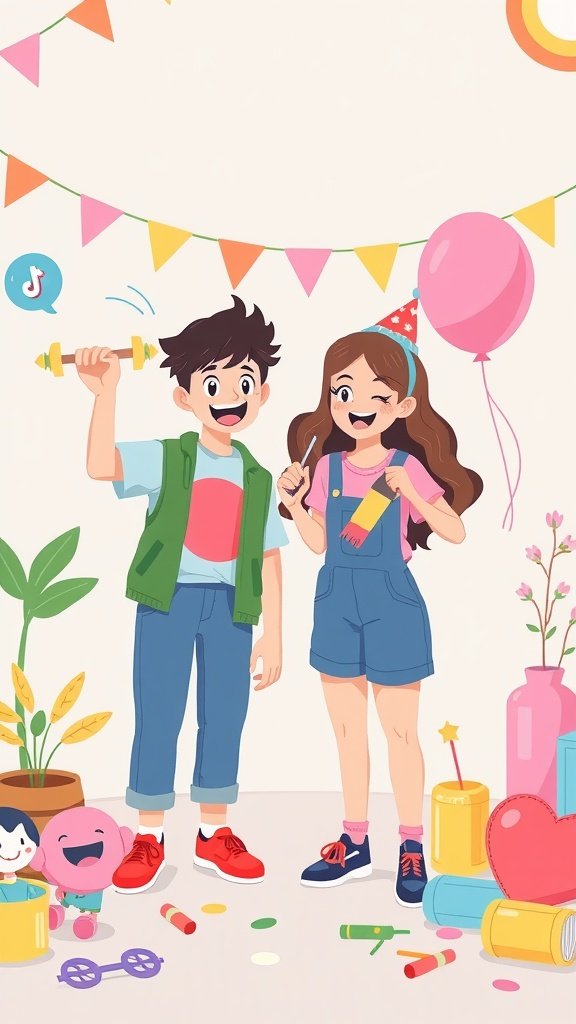 Two cheerful animated characters celebrating and collaborating, surrounded by colorful decorations and fun props.