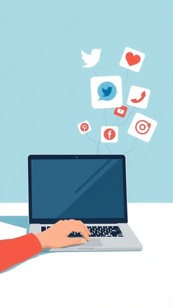 Illustration of a hand using a laptop with social media icons floating around