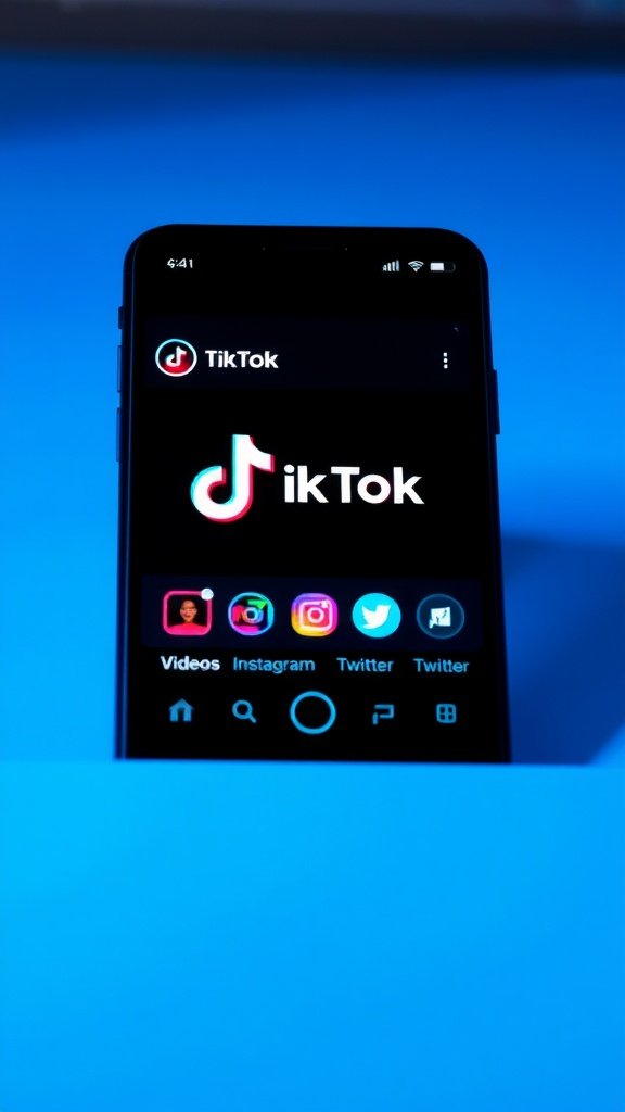 A smartphone displaying the TikTok app alongside icons for Instagram and Twitter.