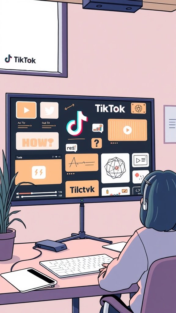 A content creator analyzing TikTok video formats on a large screen while sitting at a desk.