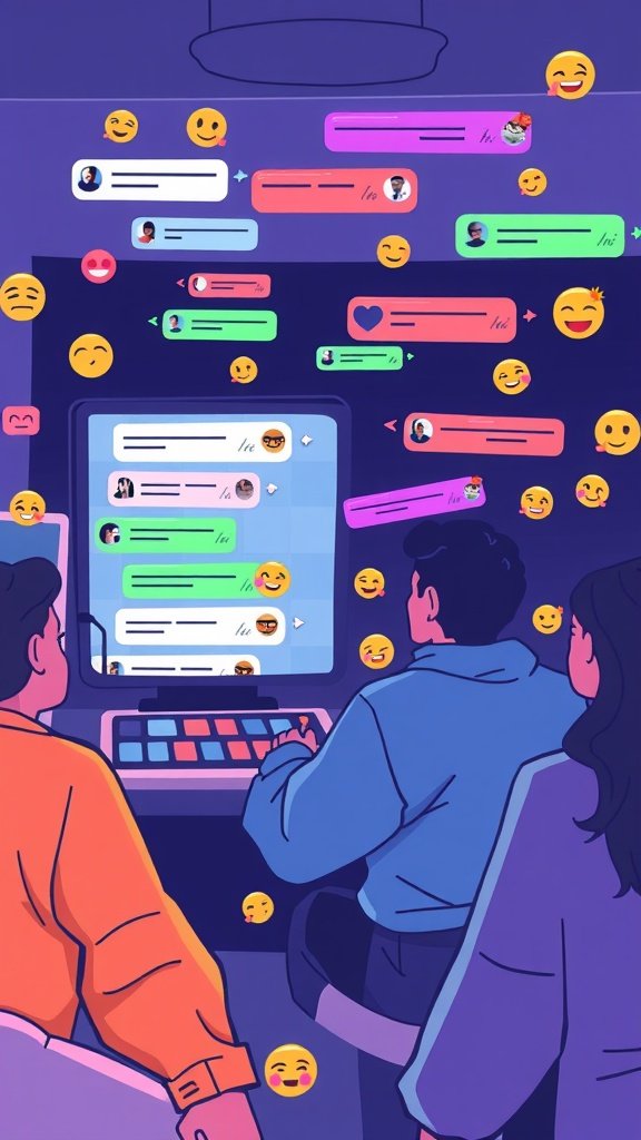 An illustration of people interacting during a live stream with messages and emojis around them.