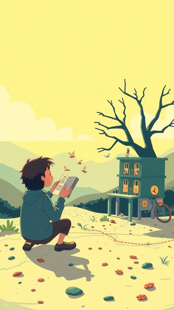 A boy reading a book in front of a whimsical treehouse.