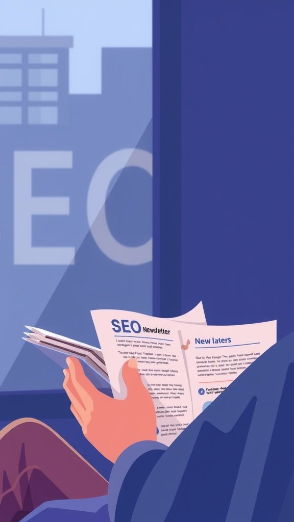 A person reading an SEO newsletter, emphasizing the importance of staying updated on SEO trends and algorithm changes.