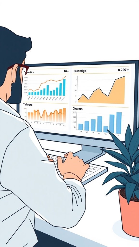 Person analyzing data charts on a computer screen, focusing on traffic and engagement metrics.