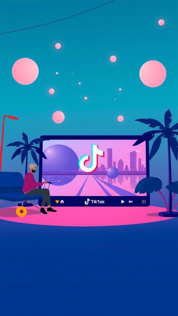 An illustration representing TikTok trends with a person sitting next to a large screen displaying TikTok's logo.