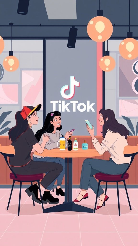 Illustration of three women sitting at a table discussing TikTok strategies with drinks and a TikTok logo in the background.