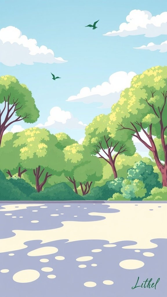 A serene natural landscape with trees and a clear sky