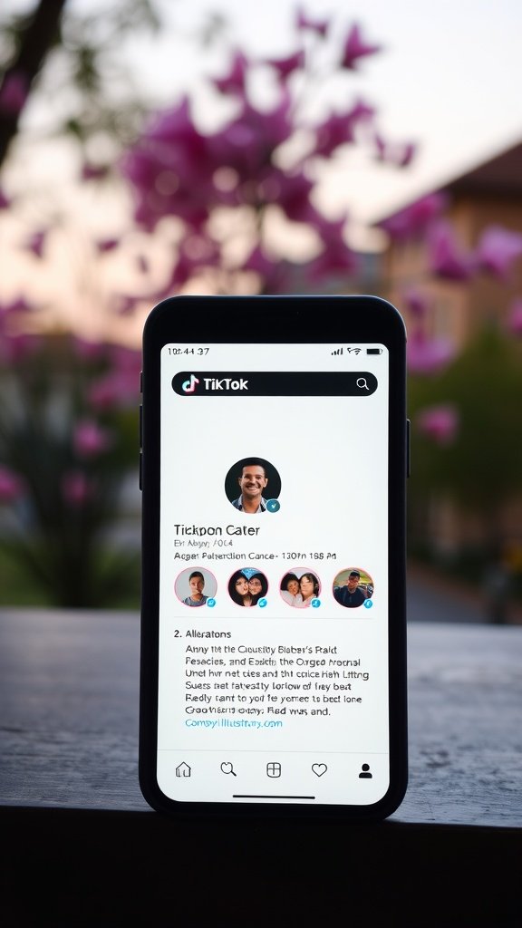 Phone displaying a TikTok profile with personal details and a blurred background of flowers.