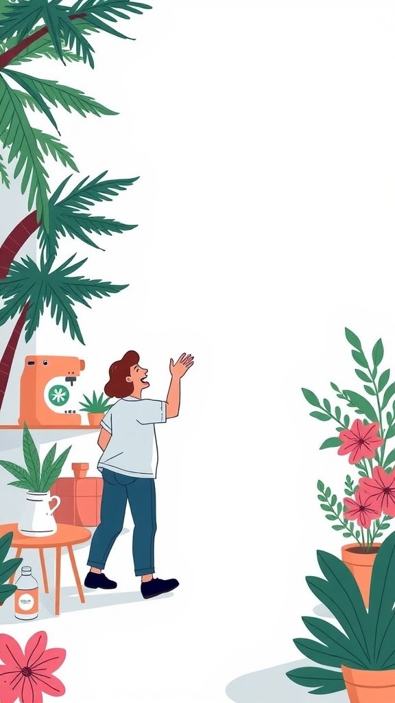 An illustration of a person in a creative space surrounded by plants, preparing to create TikTok content, symbolizing the essence of affiliate marketing.