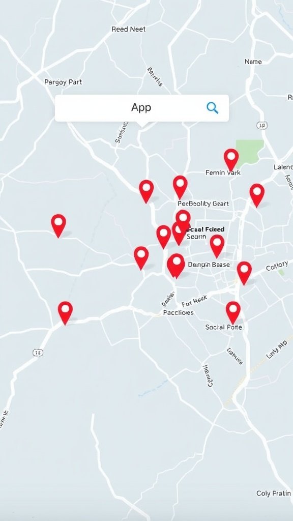 Map showing various locations marked with pins, representing local businesses or points of interest.